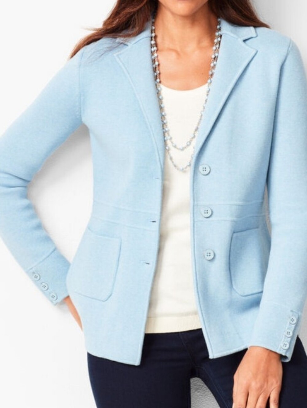 TALBOTS-Medium-Knit Blazer Porcelain Blue Cotton/Rayon Classic Preppy Career